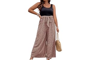 BDWINZ Womens Plus Size Summer Printed Jumpsuit One Piece Sleeveless Tank Top Wide Leg Long Jumpsuits with Belt