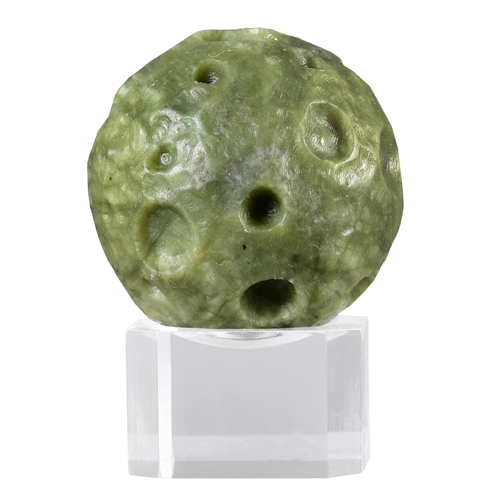 mookaitedecor Natural Green Jade Moon Crystal Ball Sphere Ornament with Acrylic Stand for Home Office Display Decor, Healing Crystal Gift, Small Planet Ball Decorative Stone, Diameter 1.5-1.7"