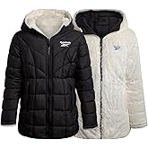 Reebok Girls Puffer Jacket - Reversible Hooded Fur Winter Coat - Wind and Water Resistant Insulated Quilted Jacket for Girls