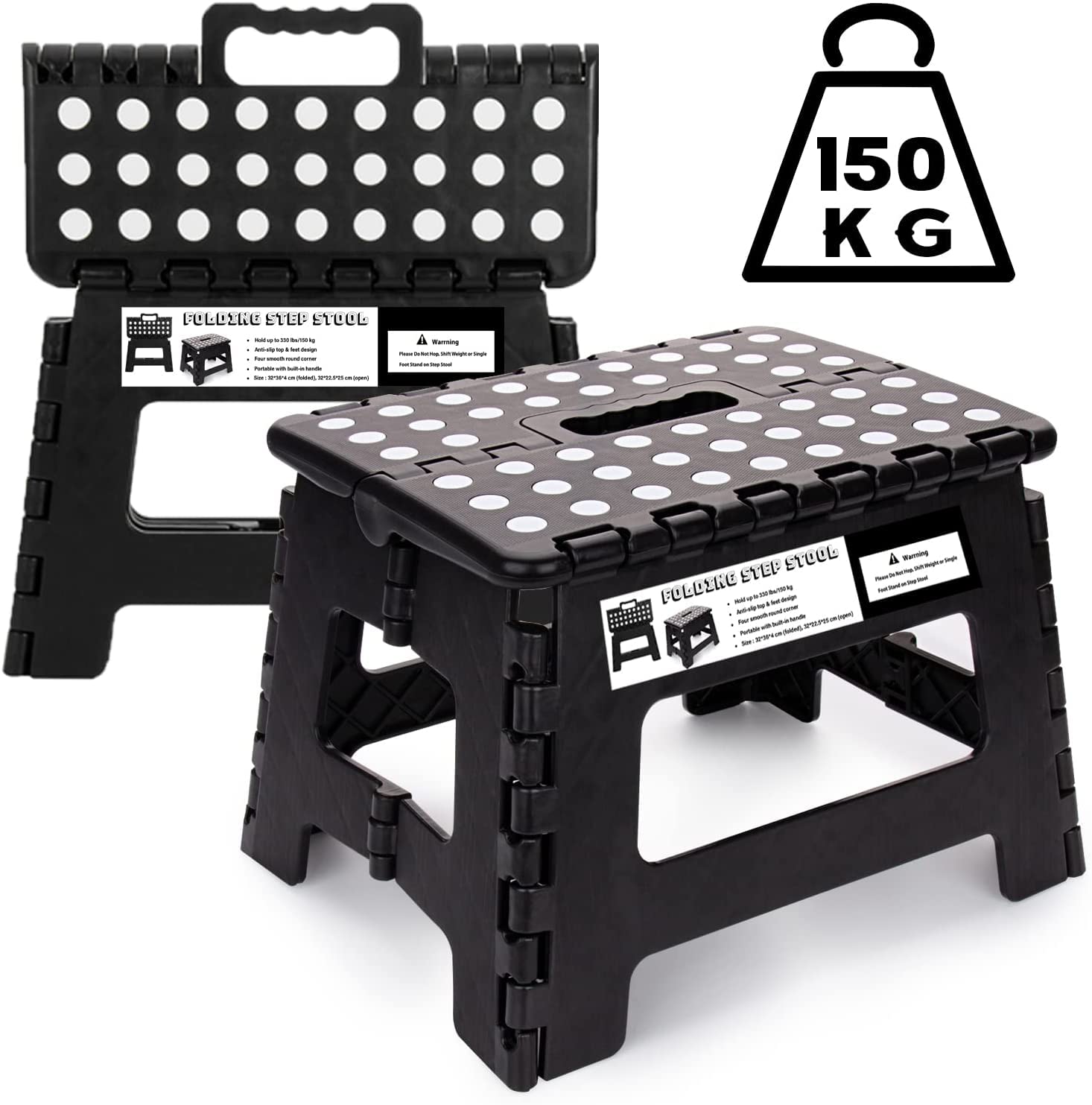 Folding Step Stool 9 inch - Kids Adults Heavy Duty Foldable Plastic Stepping Stool for Kitchen, Bathroom, Garden and Outdoor Activities (Black)