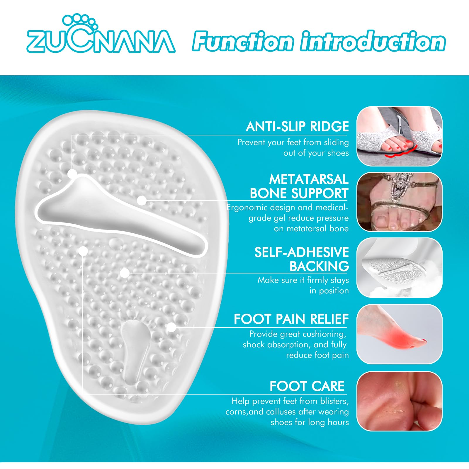 Ball of Foot Cushions (2 Pairs Gel Shoe Inserts), Heel Inserts for Women, Non Slip Heel Pads, Heel Cushions for Women Foot Pain Relief and Comfort, One Size Fits Any (Clear)
