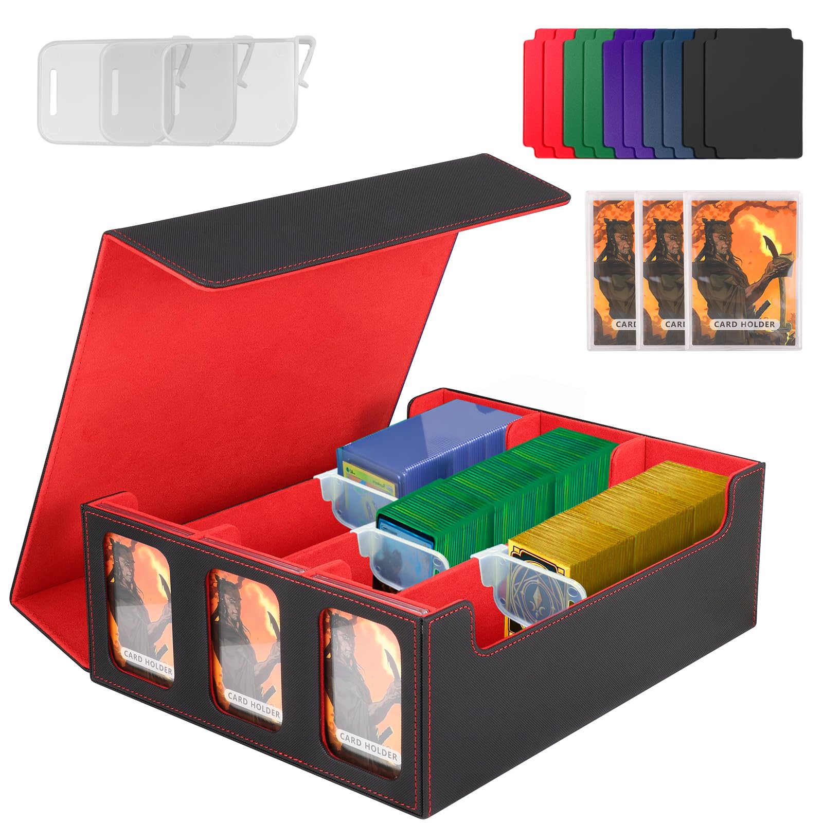 QCXWCJWD Trading Card Storage Box for MTG/TCG Cards, 1800+ PU Leather Commander Large Capacity Card Deck Case, Magnetic Closure Card Holder Fits for Magic Game Cards Sports Cards (RED)