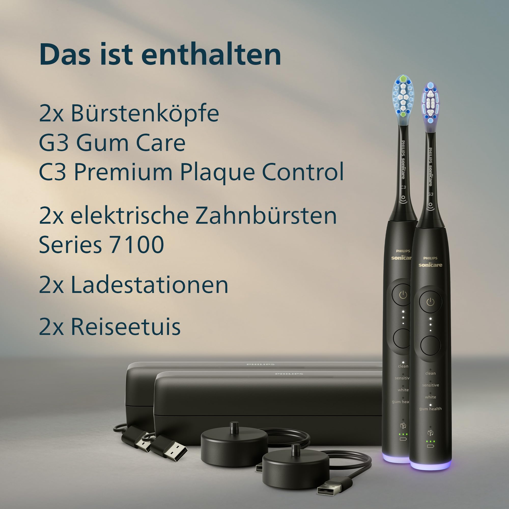 Philips Sonicare 7100 elektrische Zahnbürste, Schallzahnbürste mit App, 4 Putzmodi, 3 Intensitätsstufen, Andruckkontrolle, EasyStart, SmarTimer, Schwarz, 2er-Pack, Modell HX7429/03 [Neue Technologie] 9