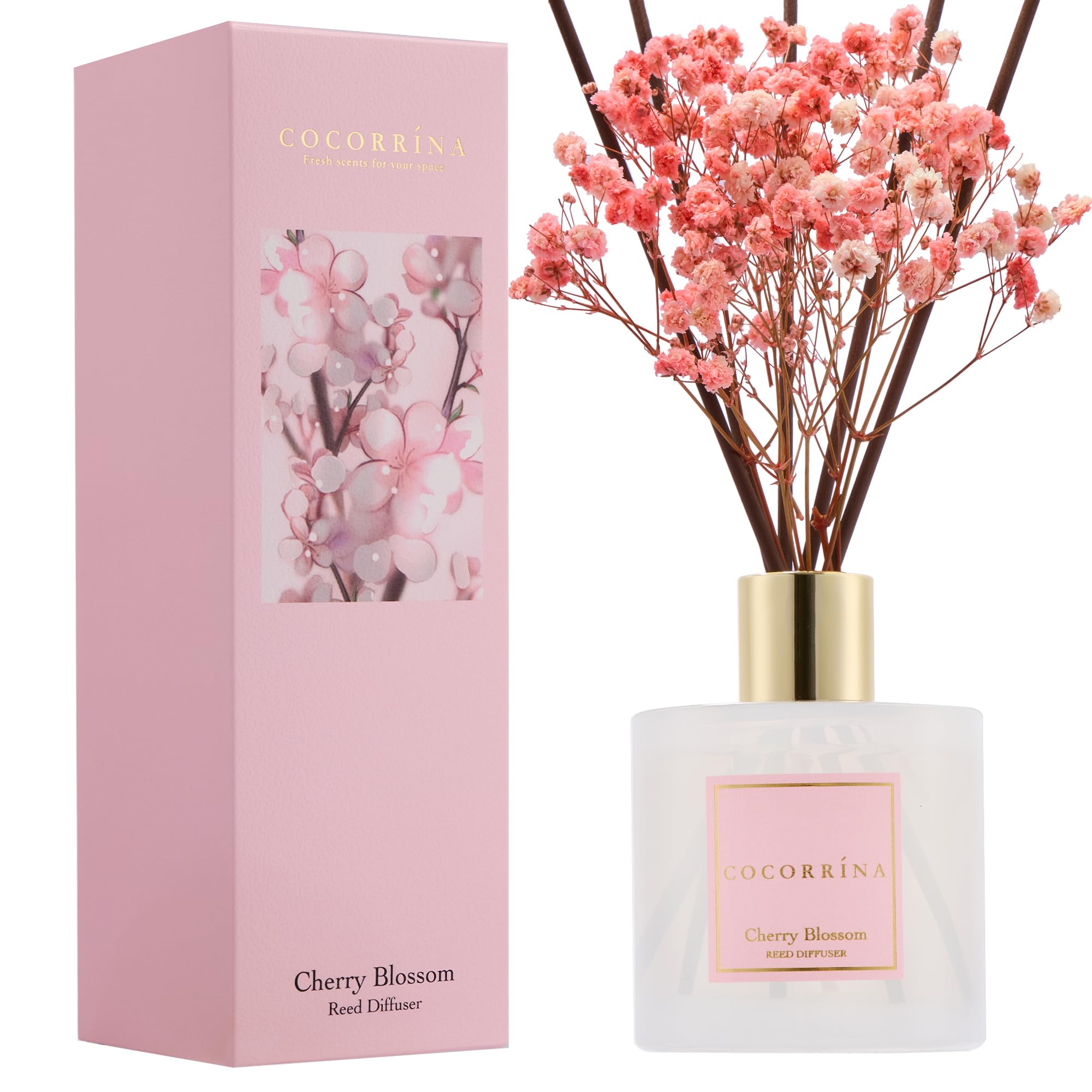 Photo 1 of COCORRÍNA Reed Diffuser - Cherry Blossom 6.7 Fl.oz Reed Diffuser Set with Sticks & Preserved Baby's Breath, Reed Diffuser for Home Bathroom Shelf Decor