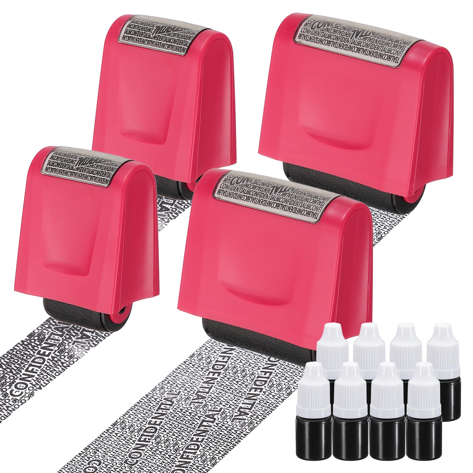 PATIKIL Identity Theft Protection Roller Stamp, 4Pcs 0.7/1.7" Confidential Roller Stamp Privacy ID Police Stamp Roller for Security ID Address with 8Pcs Refills, Rose Red
