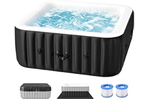 4-6 Person Inflatable Hot Tub, Large Square Portable Blow up Hot Tub, Leak-Proof PVC Outdoor Spa with 130 Air Jets, Insulated