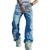 BEAUDRM Men's Letter Patch Jeans High Waisted Wide Leg Denim Pants Goth Jeans with Pockets Streetwear