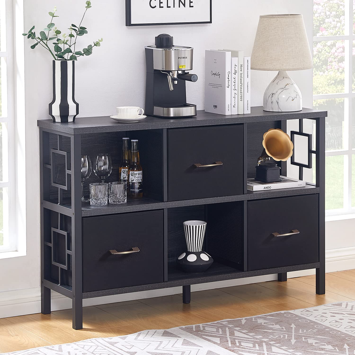 Photo 1 of HOMISSUE 6 Cube Storage Organizer Shelf, Rustic Short Bookshelf with 3 Cubby Bin, Industrial Horizontal Bookshelves with Metal Frame, Low and Wide Bookcase for Living Room and Office, Grey