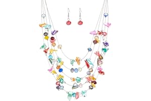 ERRALLY Multi-Layer Boho Shell Beaded Necklace for Women Colorful Crystal Strand with Silver Beads Statement Collars Necklace and Earrings Costumes Jewelry Sets for Women
