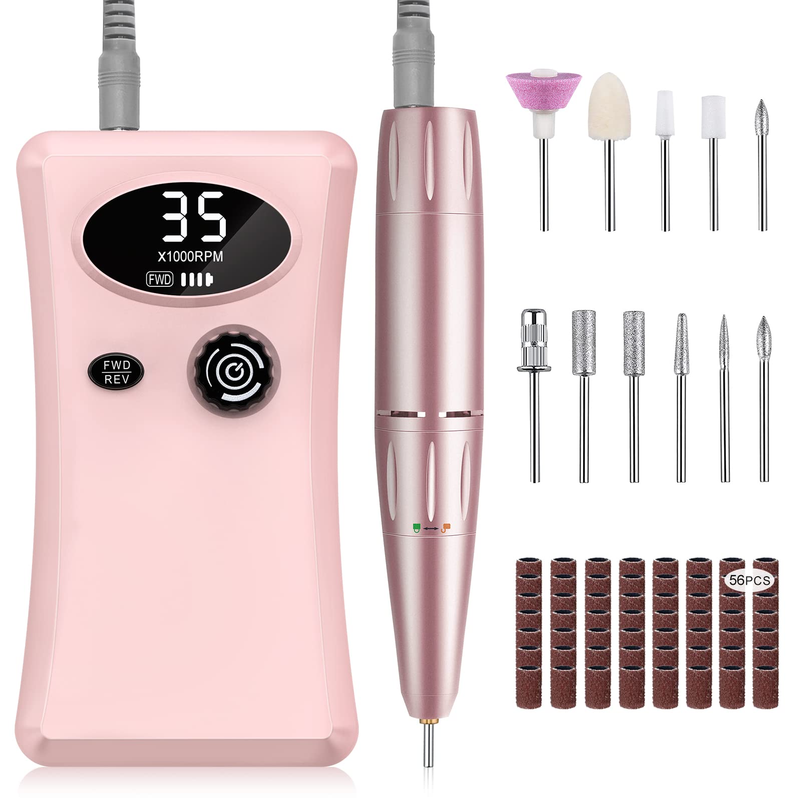 Electric Nail Files Professional,Urbuti Portable Nail Drill Machine for Acrylic and Gel Nails,35000RPM Rechargeable Electric Manicure Pedicure Set (Pink)