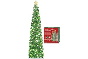 HMASYO 5 FT Pop Up Christmas Tree with Timer Lights, Green Christmas Tinsel Tree, Collapsible Artificial Pencil Christmas Tree for Indoor Home Apartment Porch Holiday Party Decorations