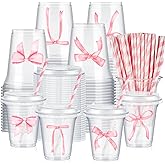 FoldTier 60 Set Pink Bow Plastic Cups Bulk 14 oz Disposable Clear Cups with Lids and Paper Straws for Pink Bow Party Birthday Supplies Favor Decorations