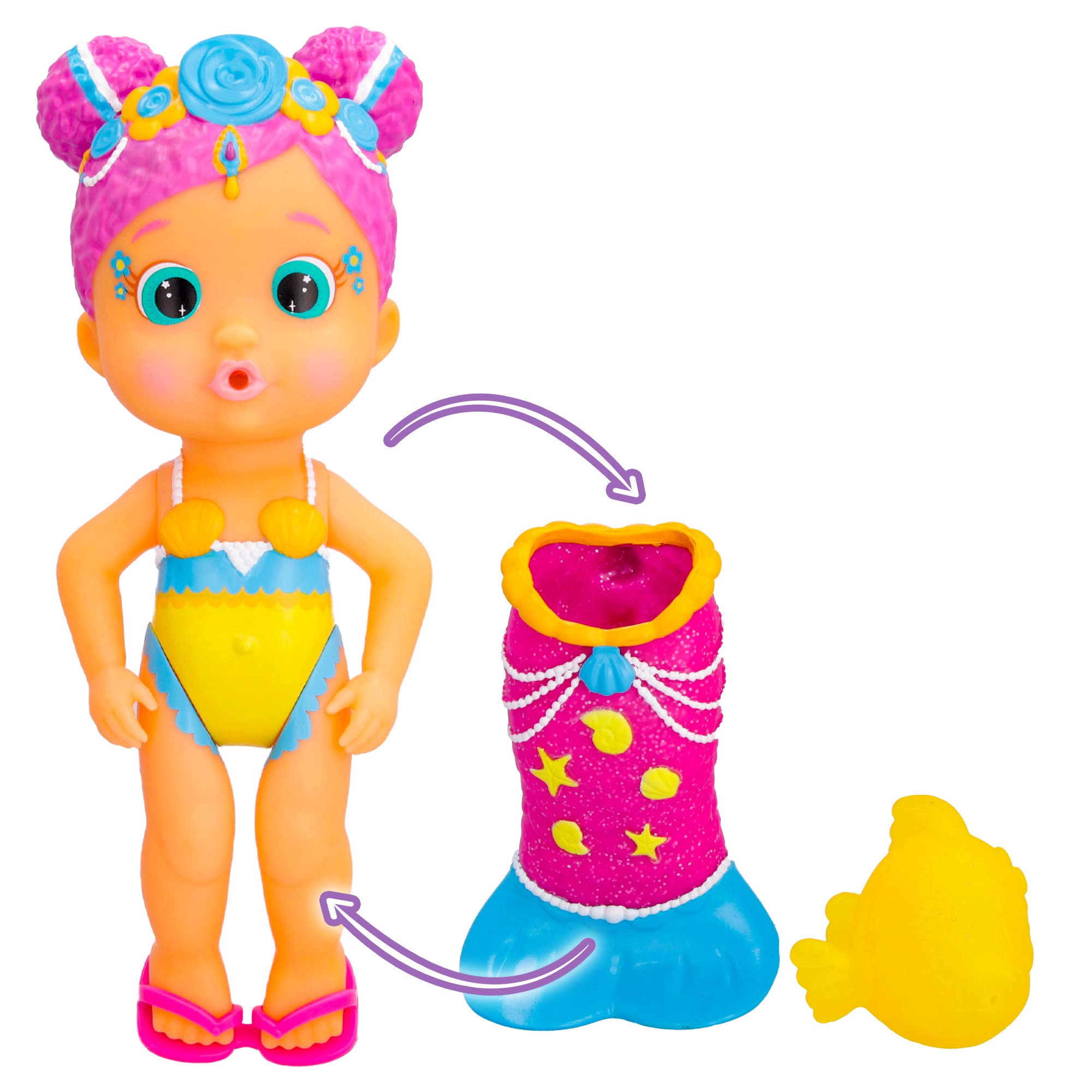 BLOOPIES Magic Tail Mermaids Melodie Mermaid doll with removable shiny Tail and her Sea friend; Squirts water and Blows bubbles - Bath toy and play for boys and girls