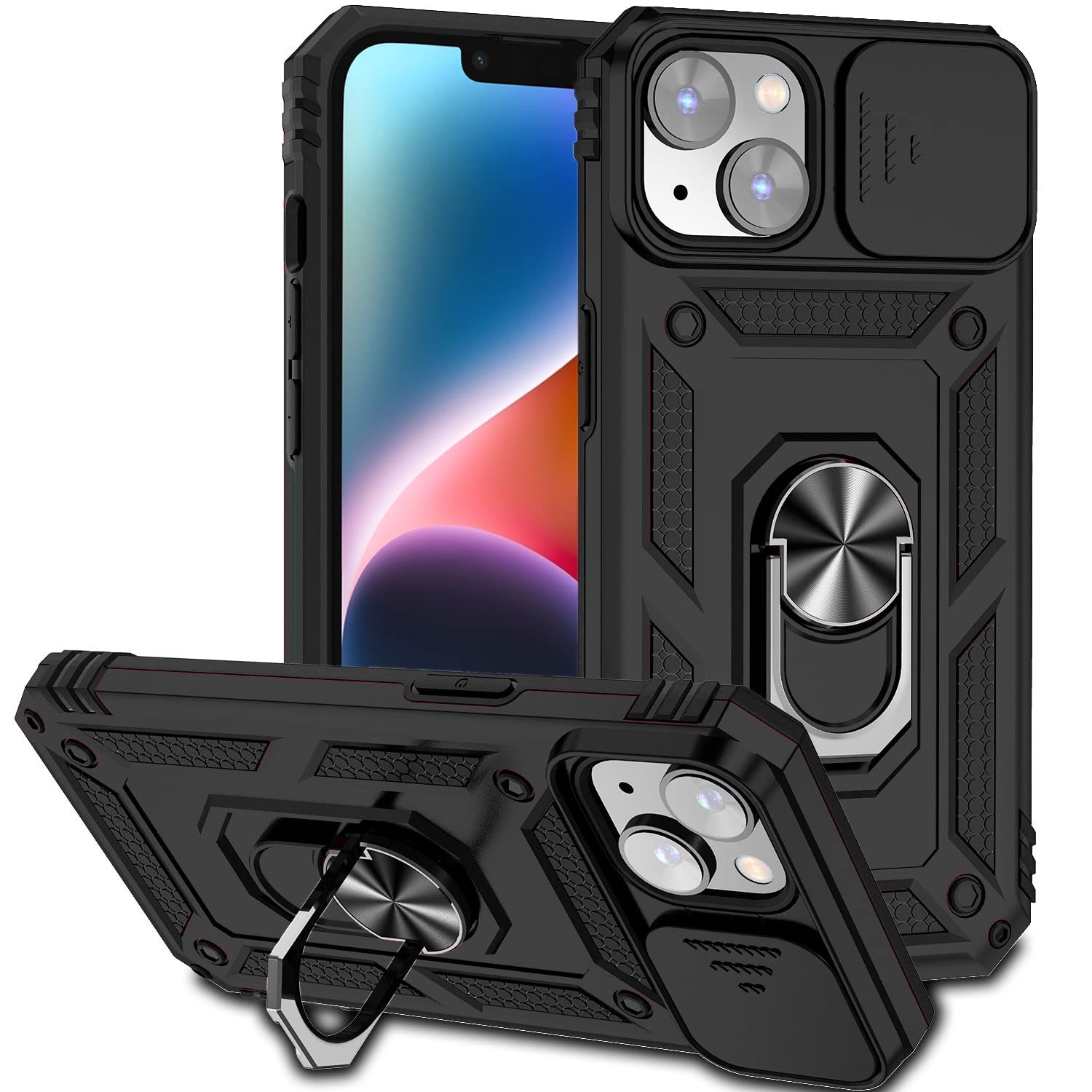 Hitaoyou iPhone 14 Plus Case with Camera Cover & Kickstand, Military Grade Shockproof Heavy Duty Protective Case with Magnetic Car Mount Holder, Black