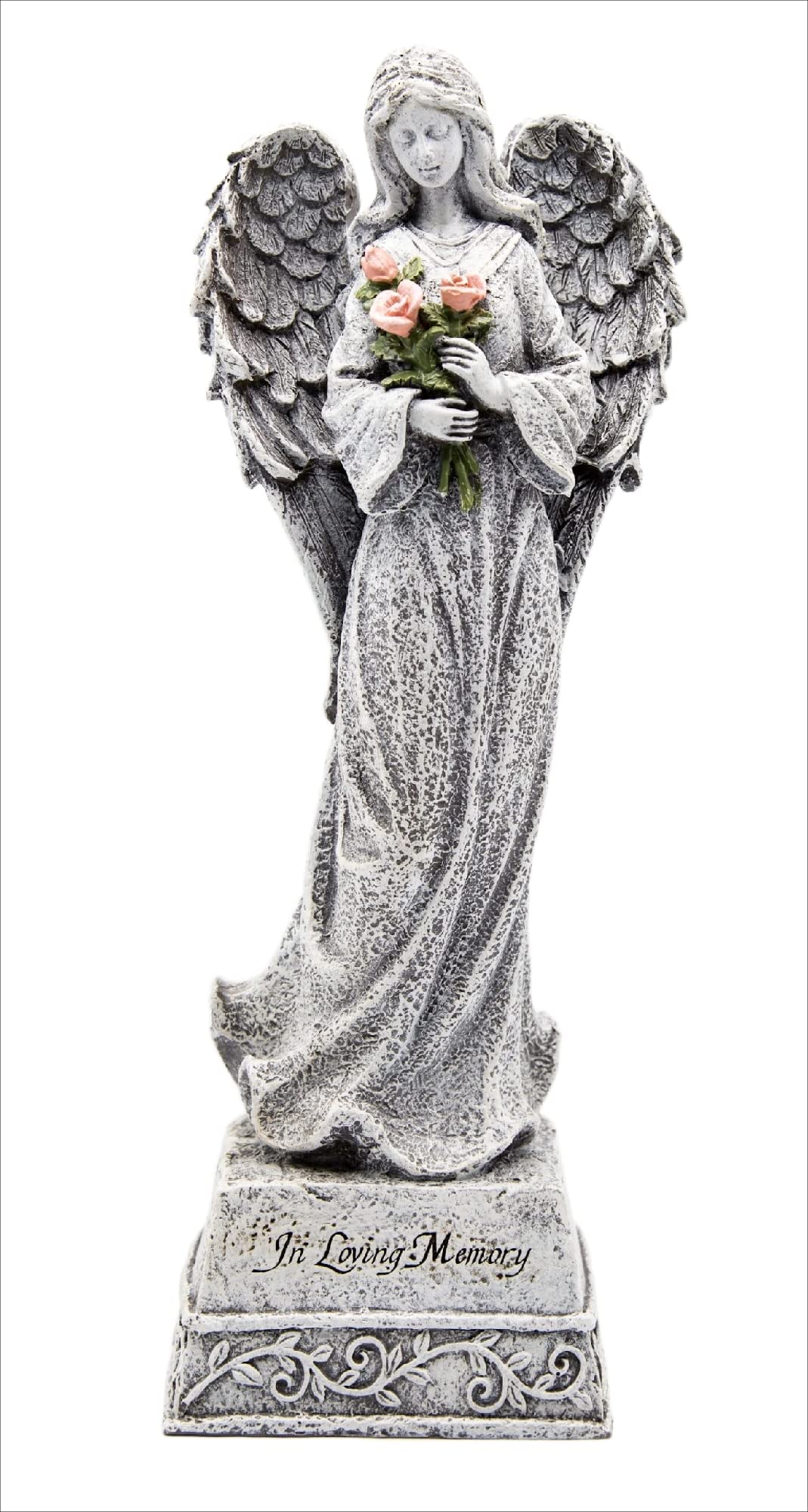 Kingdom Supplies Biblegifts 35cm Standing Grave Angel In Loving Memory Stone Look Resin Ornament Holding Pink Roses Boxed Gift