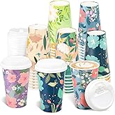 BYMIOYA Disposable Paper Cup 16 oz 48-piece Coffee Cups with Lids, 6 Spring Floral Design Drinking Paper Cups for Floral Themed Birthday Party Bridal, Wedding, Tea Party, Baby Shower