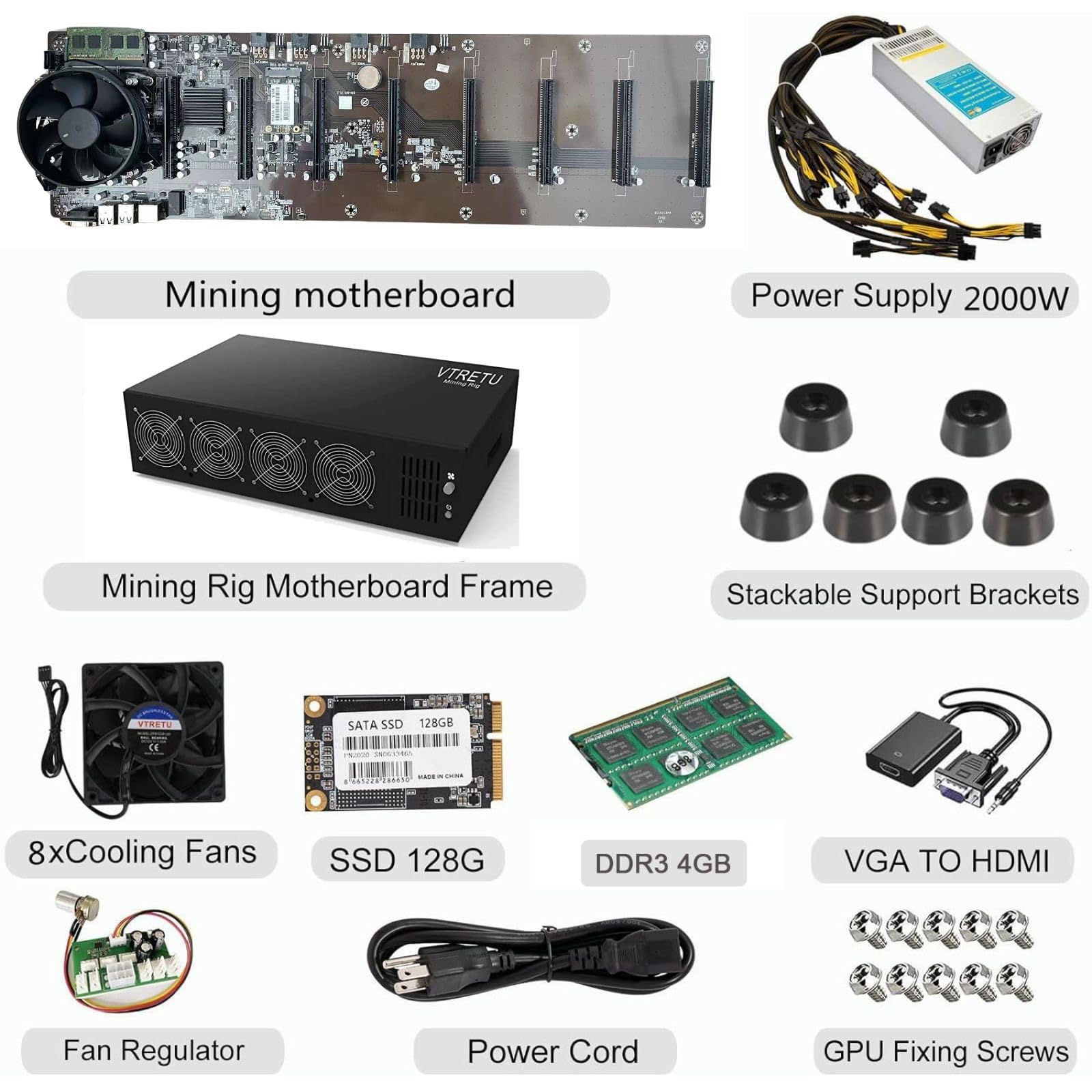 VTRETU Mining Rig System,Complete ETC Crypto Miner with Windows10,Including 8GPU Mining Motherboard,2000W Power Supply(110V-264V),CPU,SSD,4G RAM,PSU Computer Case Mining Machine（Without GPU