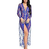 Women Sexy Robe Lace Sheer Long Kimono Nightgown Lingerie with G-string