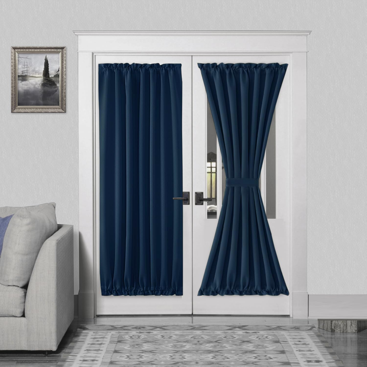 DWCN French Door Curtains – Rod Pocket Thermal Blackout Curtain for Doors with Glass Window, Kitchen and Patio Doors for Privacy, 54 X 72 Inches Long, 1 Curtain Panel with Tieback, Navy Blue