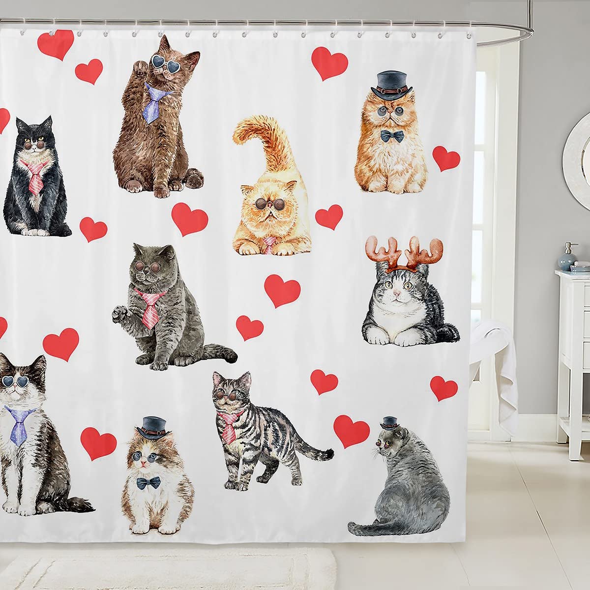 Homemissing Cat Bath Curtain Kids Cute Kitten Cats Shower Curtain Boys Girls Red Heart Love Shower Waterproof Animal Cat Lover 59x71 Inch