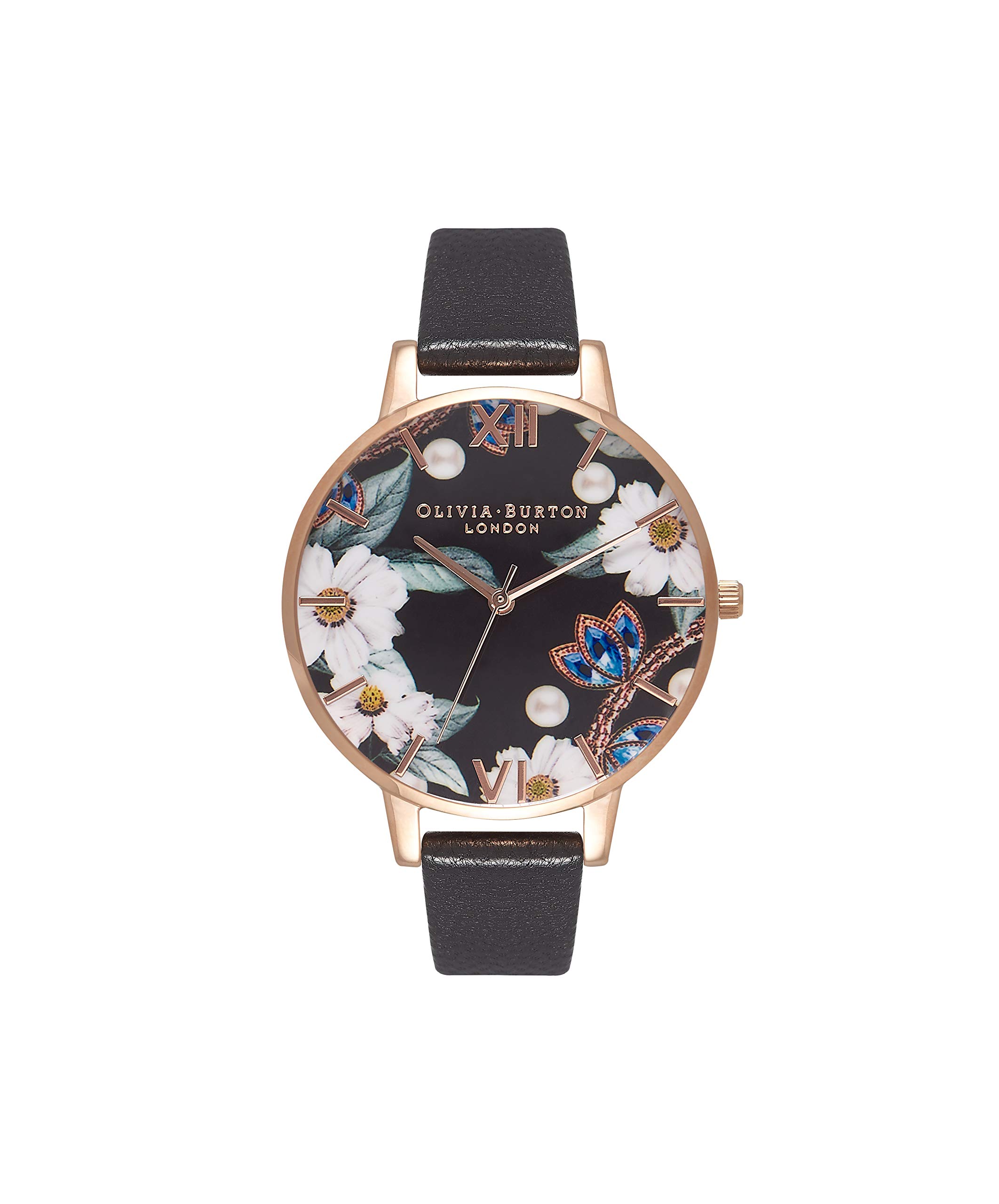 Olivia Burton Analogue Quartz Watch for Women Bejewelled Florals Collection with Black Leather Strap - OB16BF04