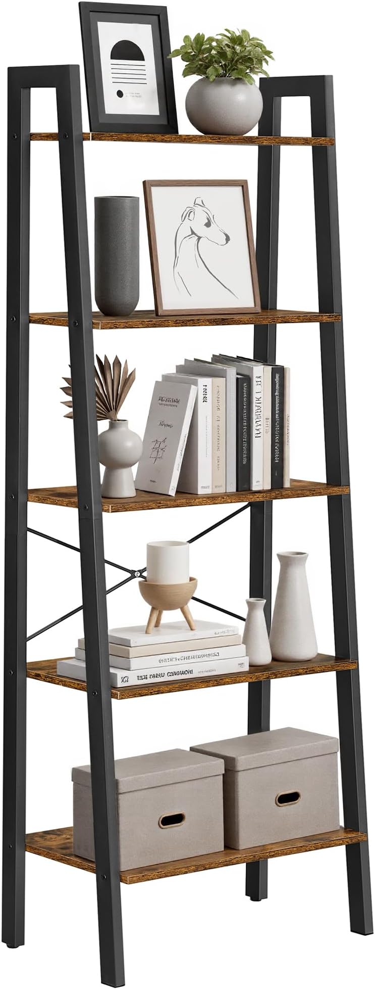 VASAGLE 5-Tier Ladder Shelf Industrial Bookcase Rustic Brown Black LLS45X