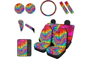BIGCARJOB Abstract Printed Car Seat Covers Rear Bench Seat Covers Full Set of 12 pcs,include 15 inch Steering Wheel Covers,Armrest Cover, Seat Belt Pads Cover,Shift Knob Cover Handbrake Cover,Coasters