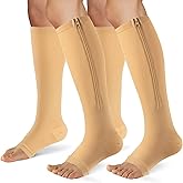 FOFLORA Zipper Compression Socks for Women & Men 2 Pairs,15-20mmhg Open Toe Compression Stockings for Nurse and Long Standing Crowd