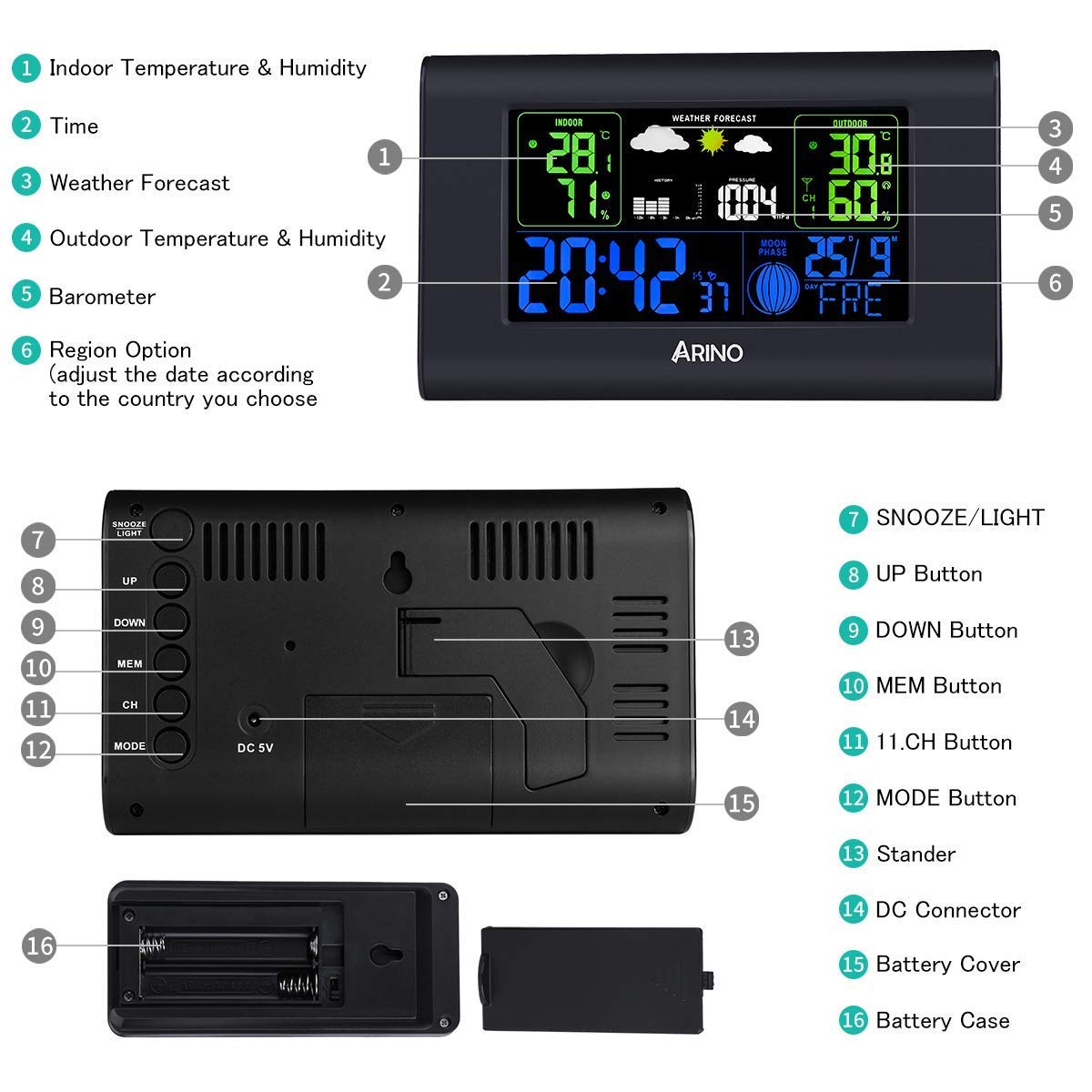ARINO Stazione Meteo con Sensore Esterno Wireless Stazione Meteorologica Professionale da Casa con Sveglia Digitale Allarme per Casa, Ufficio Colore Nero
