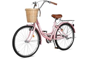 Betterland Beach Cruiser Bike for Women, 24/26 Inch Female Commute Bike, 1 Speed Women Bicycle with Basket, Dual V-Brake, Adjustable Seat, Woman City Bike