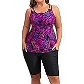 Plus Size Tankini Swimsuits - Athletic Two Piece Bathing Suits with Short for Women Swimwear with Pockets
