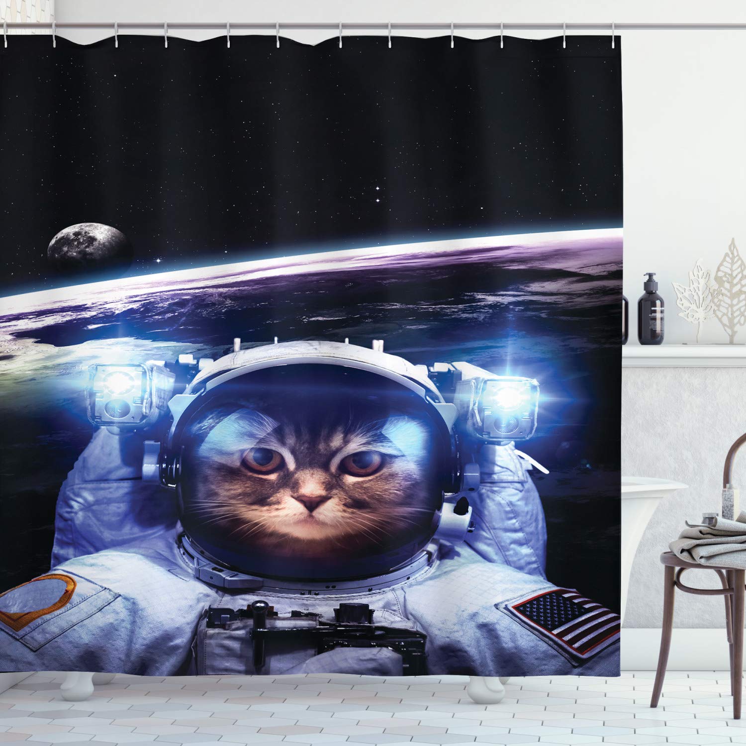 ABAKUHAUS Cat Shower Curtain, Funny Astronaut Cat Above Earth in Outer Space Explorer Kitty Mission Humor Art Image, Cloth Fabric Bathroom Decor Set with Hooks, 78" Inches, Blue White