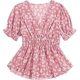 Floerns Women's Boho Floral Print Shirt Wrap V Neck Ruffle Puff Short Sleeve Peplum Blouse Top