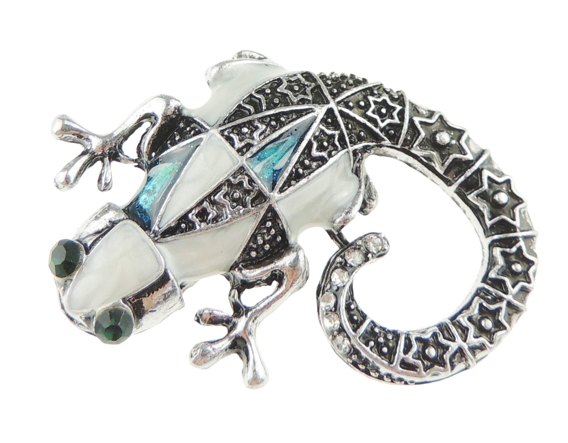 Mens Ladies Sparkly Coat Scarf Coat Jacket Shawl Scarf Diamante Rhinestone Crystal Brooch Badge Breastpin Corsage Pin Silver Tone Vintage Look Amphibian Lover Iguana Lizard Gecko Brooch White Blue