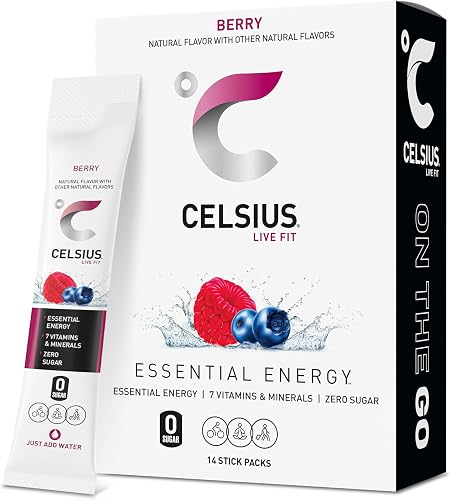 CELSIUS On-the-Go polvo en barra, cero azúcar, bayas, 14 barras — Bebidas energéticas