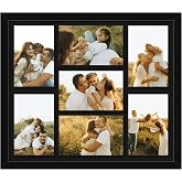 HEYTUYA 4x6 Picture Frame Collage for Wall, Display 7 Pcs 4x6 Photos with Mat or 12x14 Without Mat, 7 Opening Photo Frame for 4 x 6 Pictures with Shatter Resistant Plexiglass, Black Mat, Black