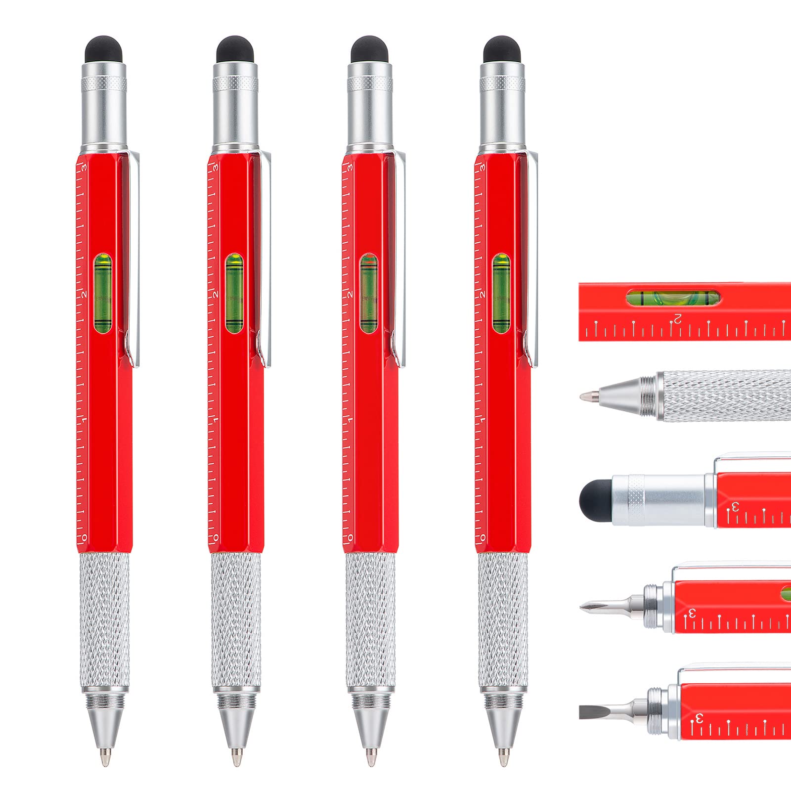 4 Pack Multitool Pen Extra Refills Set, 6 in 1 Multitool Pen with Ruler & Touch Screen Stylus, Multifunctional Metal Ballpoint Pen Gift, Cool Gadget for Men (Red)