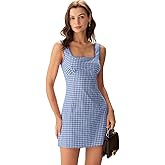 RIHOAS Plaid Gingham Mini Dress, Square Neck Spaghetti Strap A-Line Retro Dress for Fall Summer Wedding Guest Tea Party