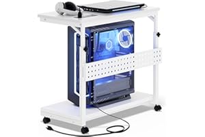 Besiost Computer Tower Stand with Power Strips, 4 Levels Manual Height Adjustable PC Tower Stand for Under Desk, Mobile Rolling CPU Holder, Computer Cart with Wheels, 24", Carbon Fiber White