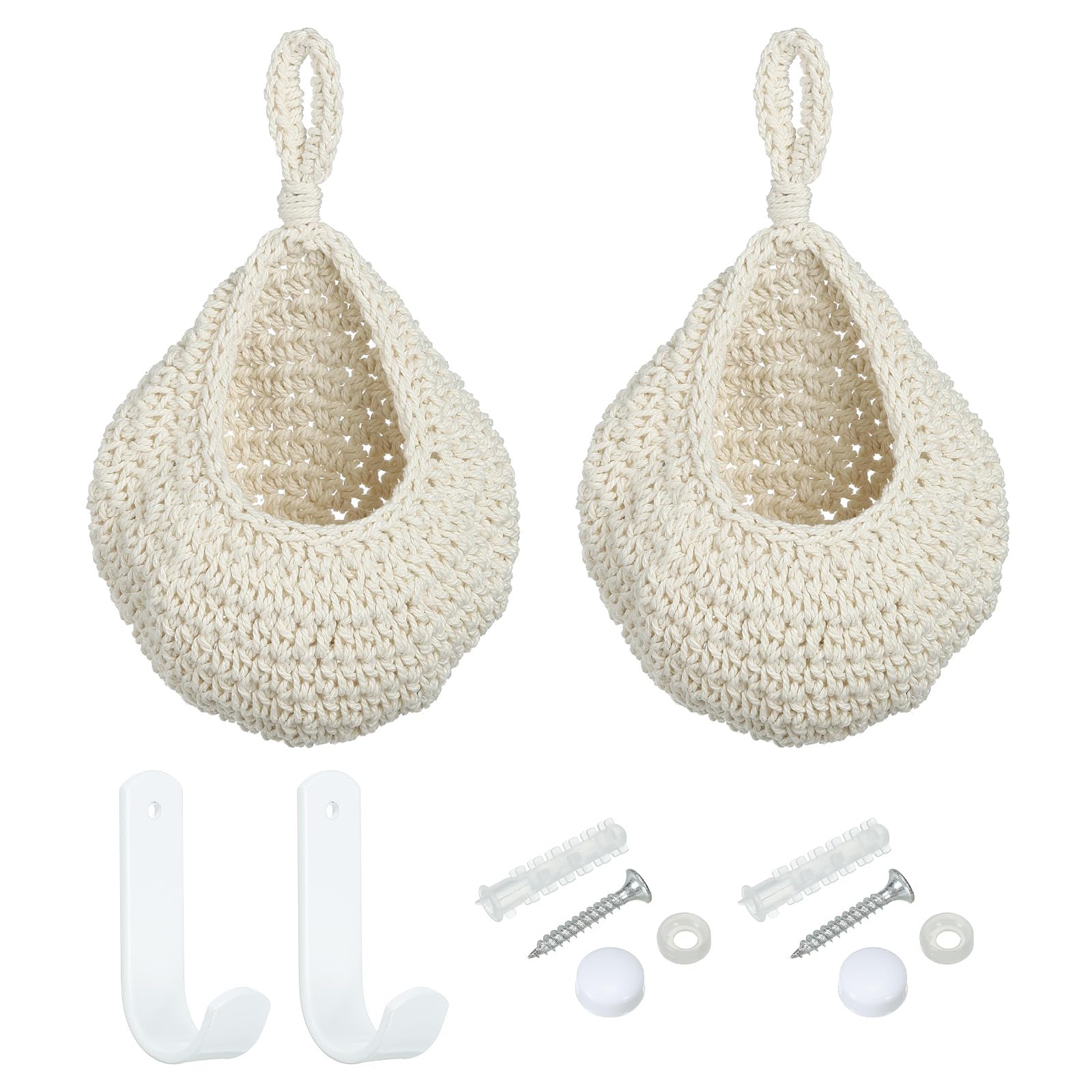 PATIKIL Hanging Fruit Baskets for Kitchen, 2 Pack Small Size Teardrop Home Decor Storage Hand-Woven Wall Hanging Basket for Garlic Potato Vegetable, Beige
