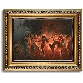 LHHJDIO Vintage Gold Framed Wall Art Gothic Canvas Art Dark Academia Art Prints Fire Dance Pictures Wall Decor Fantasy Demonic Ritual Artwork for Living Room Game Room