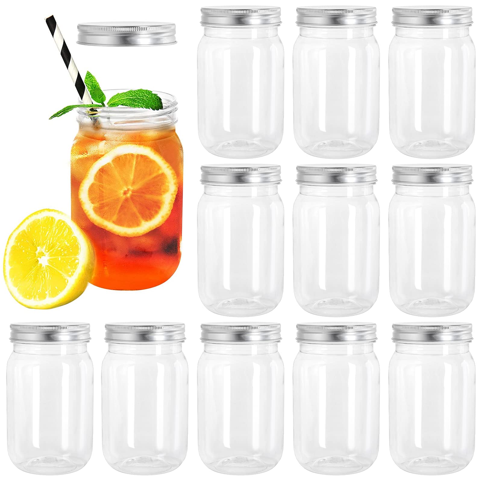 Tebery 12 Pack Plastic Mason Cocktail Cup Shatterproof Drinking Jar with Lidsm-16oz