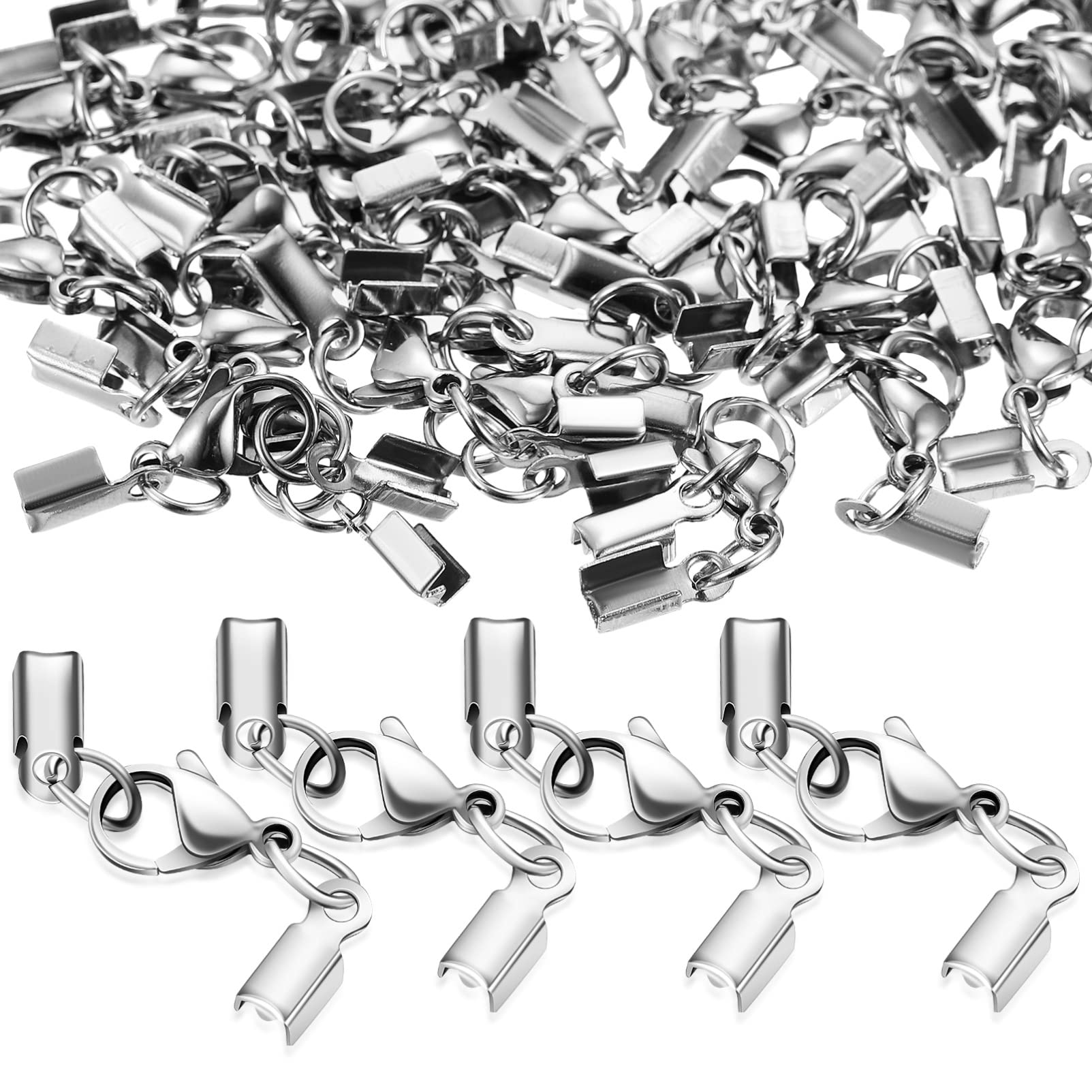EXCEART 40 Pcs Lobster Claw Clasps with Cord Ends, Stainless Steel Lobster Clasps Connector Cord End Caps Silver Brass Lobster Claw Clasps with Cord Ends