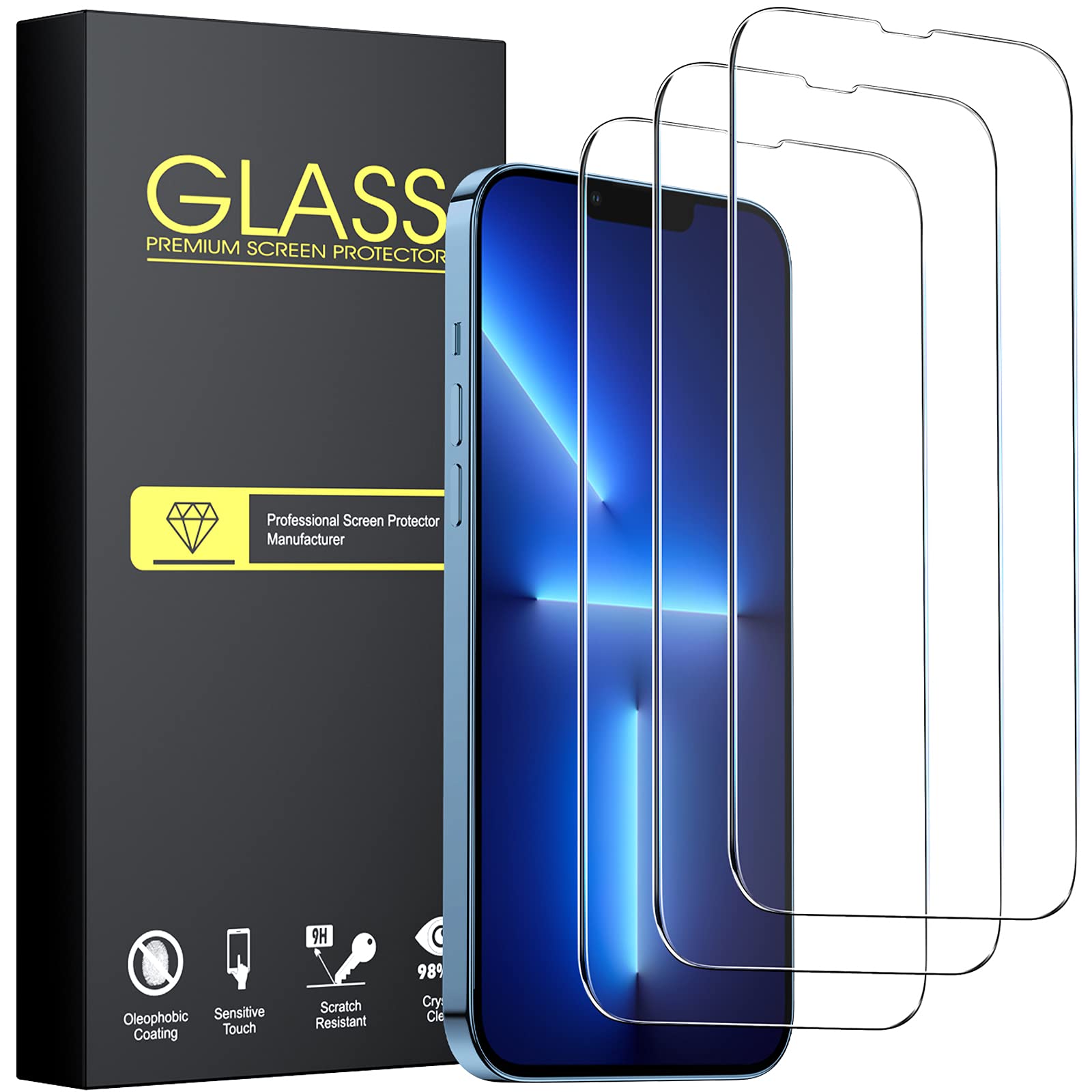 Kinmiee (3 Pack) Tempered Glass Screen Protector Compatible for iPhone 14 / iPhone 14 Plus/iPhone 13 / iPhone 13 Pro [6.1 Inch], Anti-Scratch Case Friendly Transparent HD