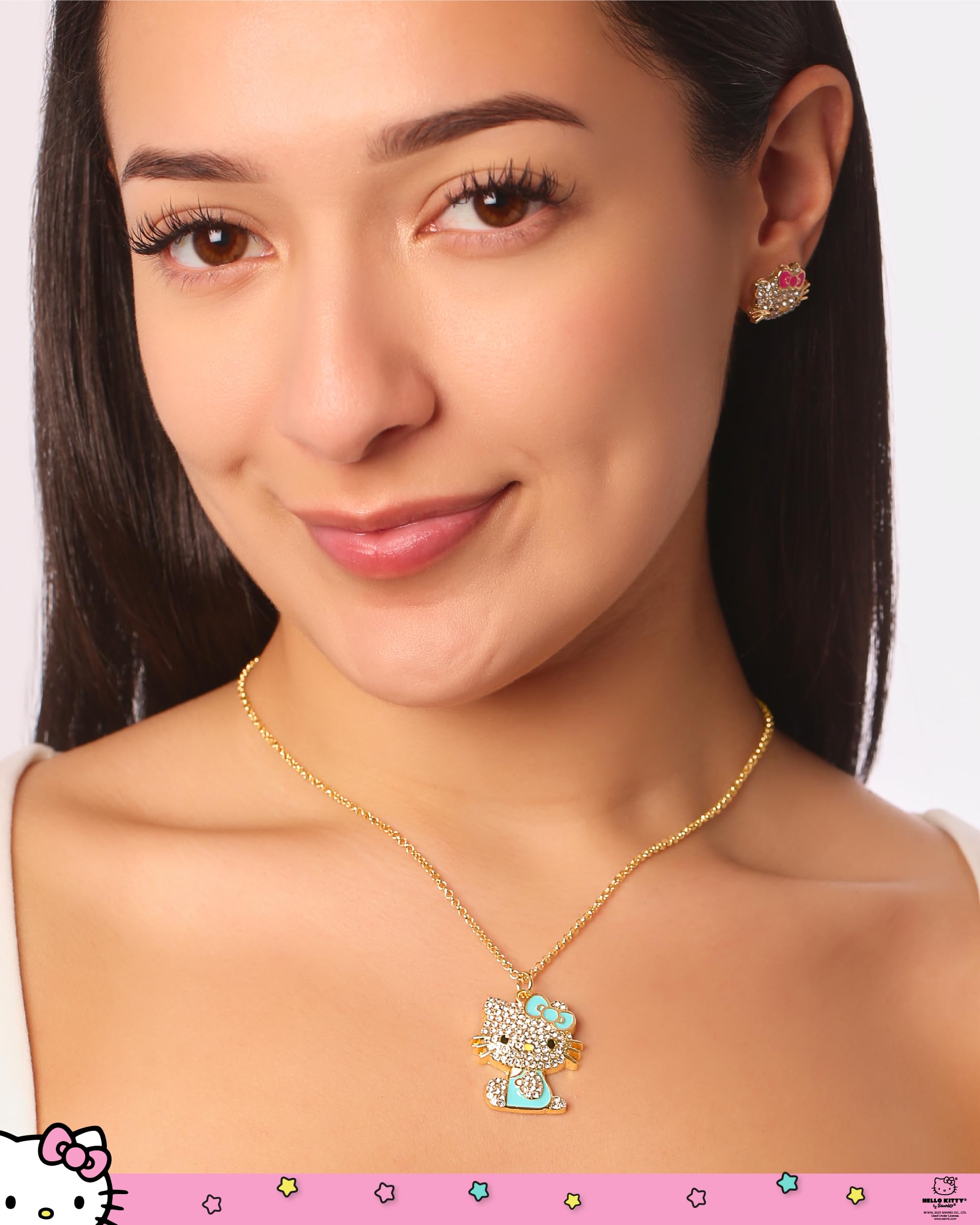 SALLY ROSE Hello Kitty Aqua Green Enamel and Pave Crystal Necklace Official License, Gold Plated 16+3 Hello Kitty Necklace, Sanrio Gifts