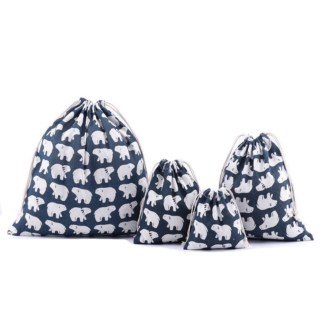 Amoyie 4 pcs Drawstring Storage Bag Set for Baby Stuff, Travel Home Accessories - Blue Bear