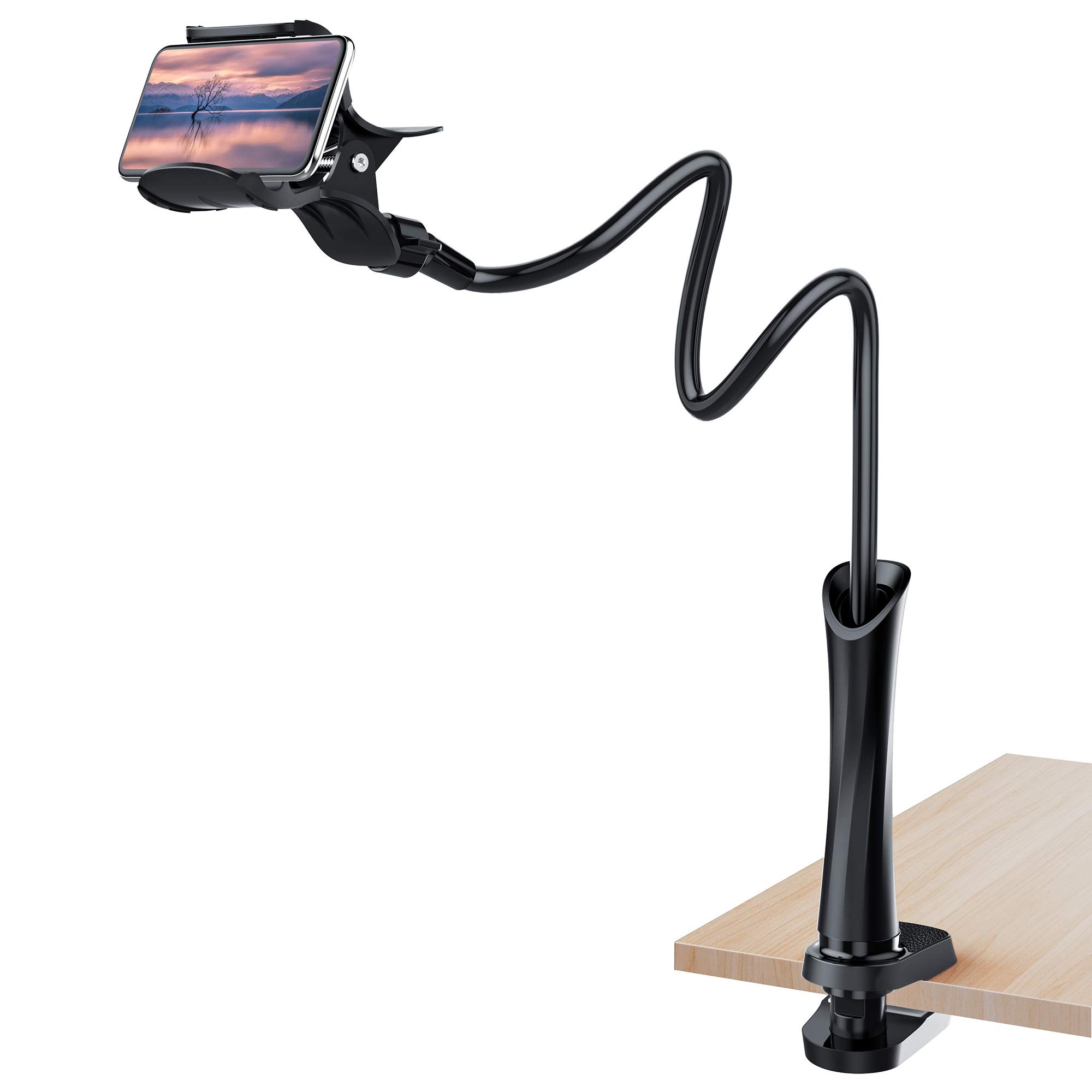 UVERTOOP Cell Phone Holder Stand, Flexible Desk Phone Holder for Bed Clip Lazy Bracket Mobile Phone Stand with Gooseneck Clamp Long Arms Mount for iPhone Samsung and All Phone Models-Black