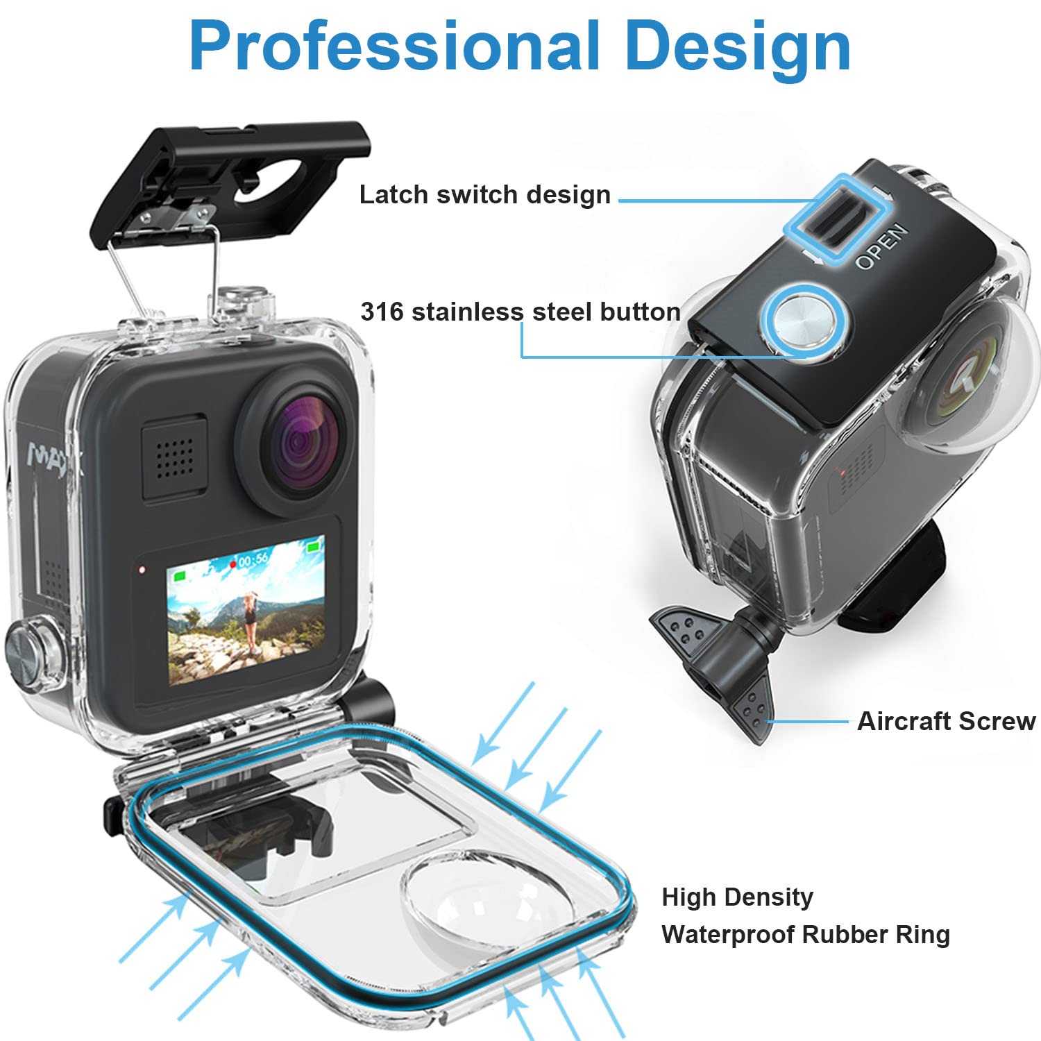 FitStill 147FT/45M Touchscreen Waterproof Diving Case for Go Pro MAX Action Camera,Underwater Protective Shell with Bracket Mount Action Camera Accessories kit(Not for MAX 360 2025)