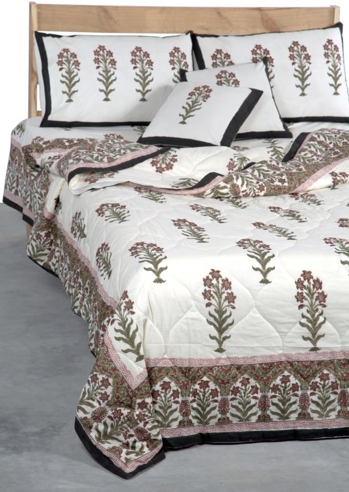 Mughal Floral Buta Maroon & Olive Color 100% Cotton Made Bed in a Bag (This Package includes 1 Jaipur Quality Quilt, 1 Bed Sheet, 2 Pillow Covers & 2 Cushion Covers