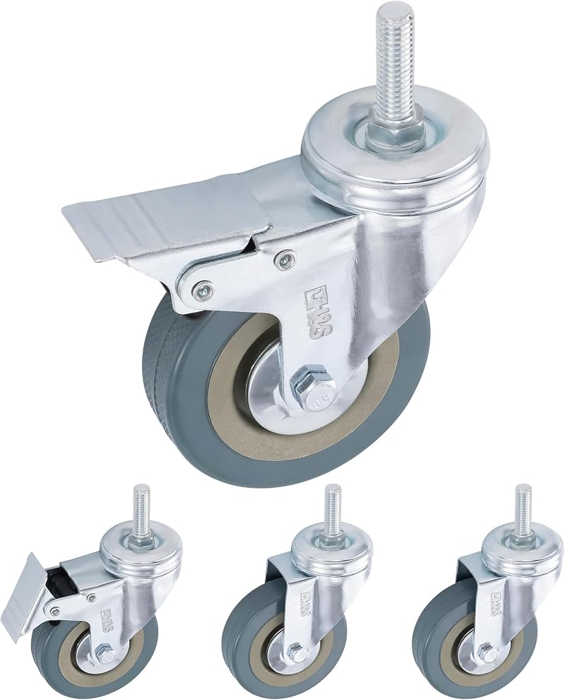 H&S Heavy Duty Castor Wheels 75mm Set of 4 M10 Bolts PU Swivel With Brakes